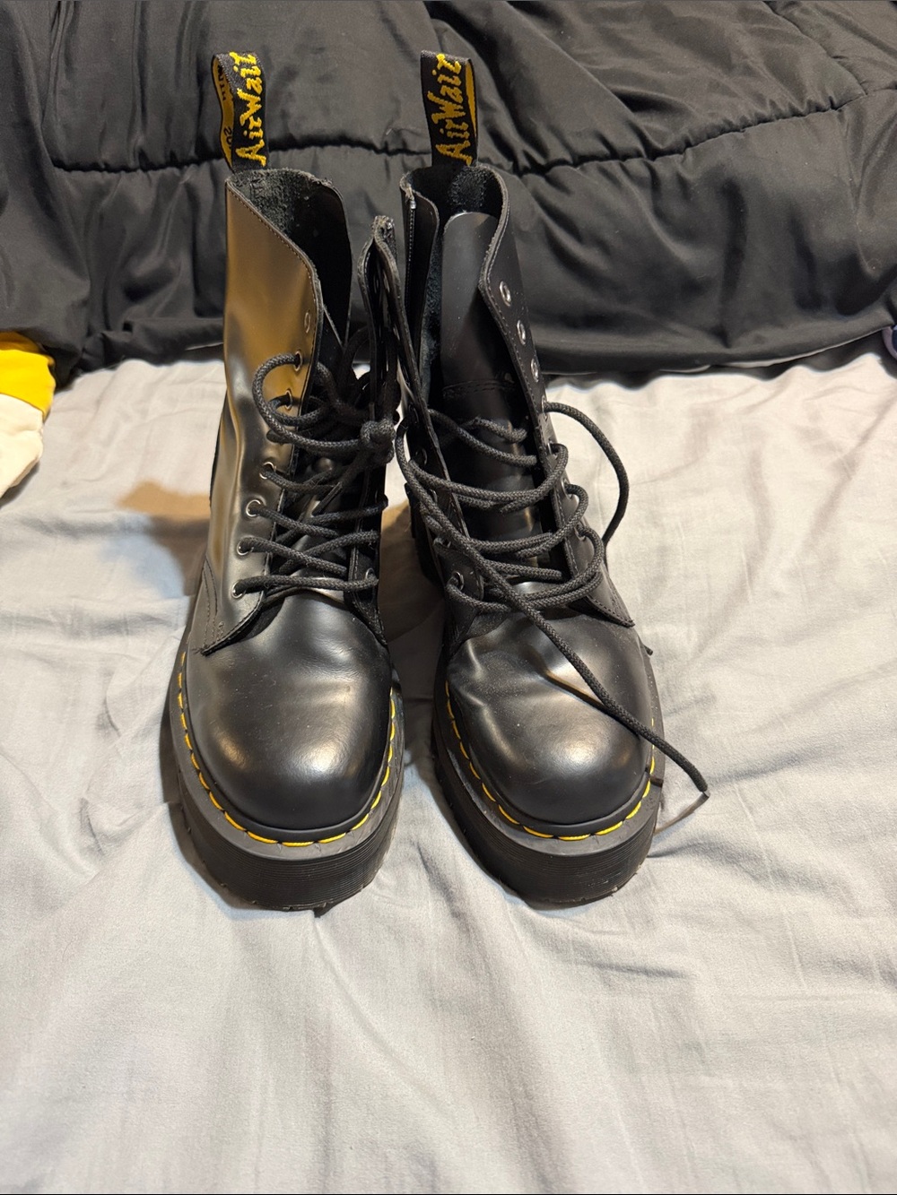 Dr. Martens Black Lace-Up Platform Boots with Yellow Stitching